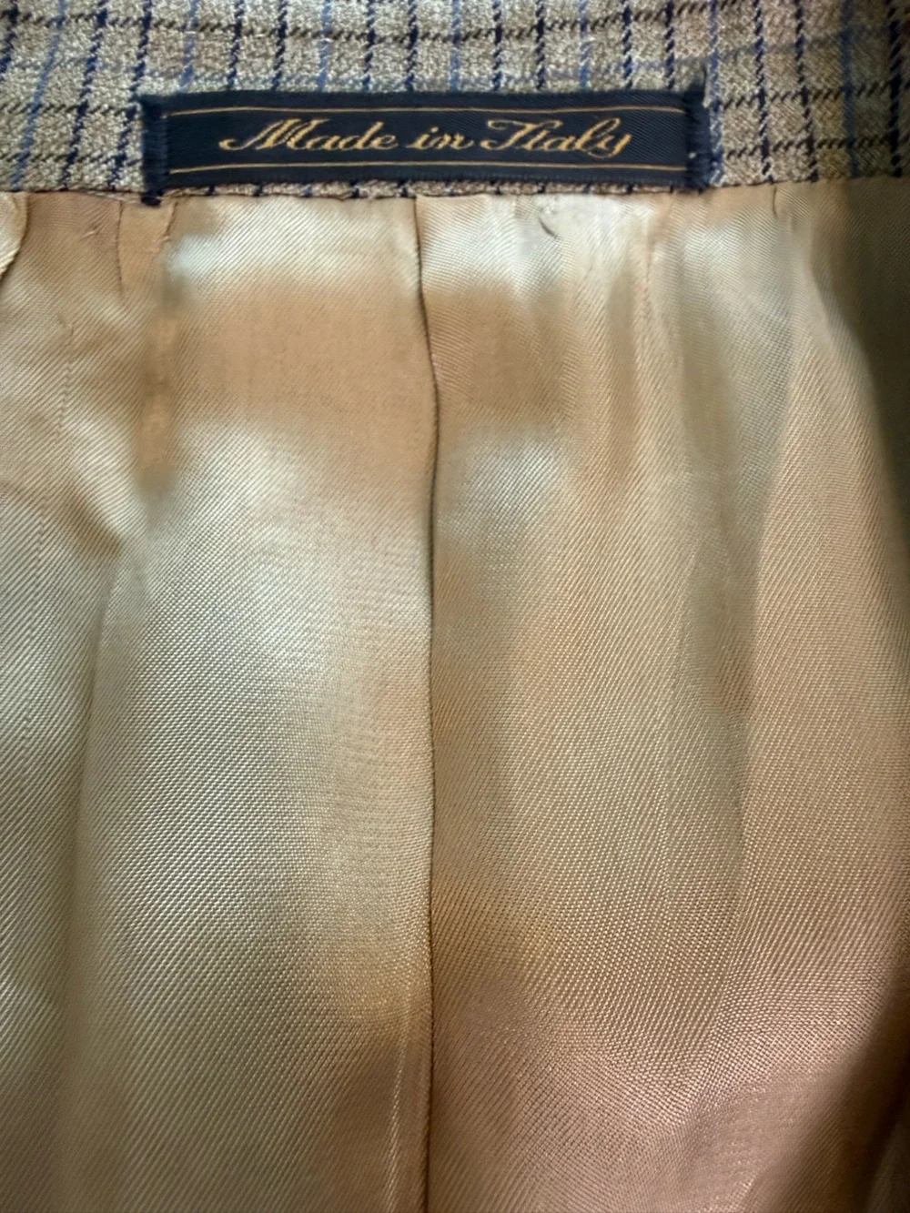 Preppy Trussini 42R Made in Italy Silk Blend Beige Blue Plaid Blazer Y2K Sport